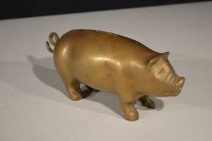 lot 101 image: Brass Piggy Bank - Pig Shaped Coin Slot, Gold Tone, 9 in Long