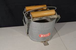 lot 103 image: WHITE Galvanized Bucket with Wooden Roller Handles - Vintage Industrial Decor