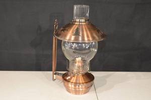 lot 106 image: Copper Hurricane Lantern with Glass Globe - Horse & Pine Tree Cutouts