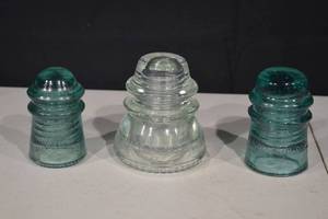 lot 107 image: Hemingray No. 9 Glass Telegraph Insulator - Teal Green (Lot of 3)