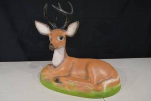 lot 109 image: Ceramic Deer Figurine With Antlers - Lying Resin Sculpture, Green Base, About 15 In Long
