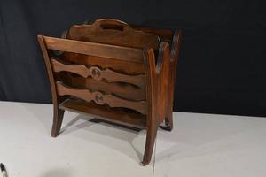 lot 110 image: Vintage 3-Tier Carved Wood Magazine Rack with Carry Handle
