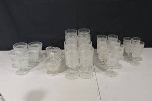 lot 111 image: Crystal Cut Glass Goblets with Diamond Pattern - Lidded Sugar Bowl Set