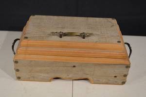 lot 121 image: Vintage Wooden Jewelry Box With Red Velvet Interior And Ornate Brass Handle