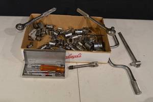 lot 131 image: Assorted Socket Set with Wrenches, Bits, and Orange-Handle Screwdrivers