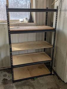 lot 27 image: 5-Tier Steel Shelving Rack with Plywood Shelves - Black GarageWorkshop Storage