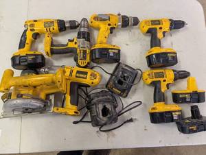 lot 65 image: DeWALT 18V XRP Cordless Drill Bundle With Chargers & Circular Saw