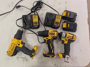 lot 73 image: DeWalt 20V MAX Brushless Drill Set - 3 Drills, 2 Chargers, 4 Batteries