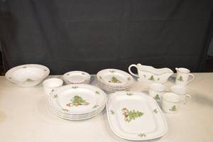 lot 166 image: Holiday Hostess China Christmas Tree Pattern Dinnerware Set - Plates, Cups, Creamer, Sugar
