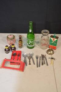 lot 167 image: Vintage 7UP Bottle, Fischers Milk Jar, Singer Oil Can & Silverware - Kitchenware