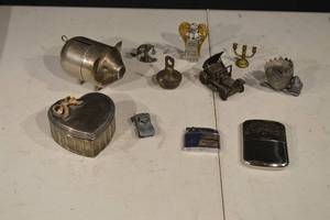lot 168 image: Assorted Vintage Metal Miniatures & Lighters - Heart Keepsake Tin, Angel Figurine, 2 Toy Cars