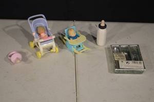 lot 169 image: Miniature Baby Doll Stroller Set - 2 Prams & Accessories (Lot of 5)