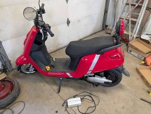 lot 74 image: Electric Scooter - Red, Dual Headlights, Removable Battery, Charger Included