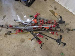 lot 79 image: Assorted Pipe Bar Clamps with Red Handles - Long Steel Clamps (Garage Workshop)