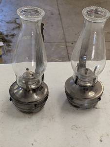 lot 94 image: Vintage Hurricane Lanterns - Glass Chimneys (Lot of 2)