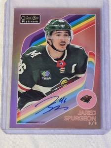 lot 12 image: Jared Spurgeon 2023-24 O-Pee-Chee Platinum Red Rainbow Refractor On Card Auto #46 - Minnesota Wild Hockey Card