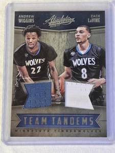 lot 15 image: Andrew Wiggins and Zach LaVine 2016-17 Panini Absolute Team Tandems Dual Relic #10 and Numbered 68149 - Minnesota Timberwolves Basketball Card