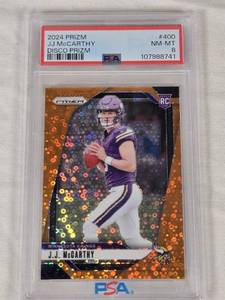 lot 36 image: J.J. McCarthy Rookie 2024 Panini Prizm Disco Prizm #400 PSA Graded 8 - Minnesota Vikings Football Card