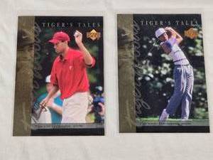 lot 39 image: Lot of 2 Tiger Woods Rookie Golf Cards from Upper Decks Tigers Tales Series Including Tiger is NCAA Champion and Tiger Benefits from Supportive Parents