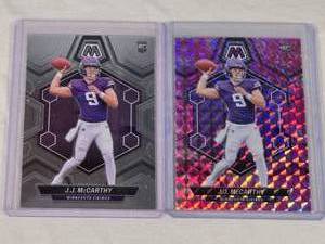 lot 78 image: Lot of 2 J.J. McCarthy Rookie Football Cards - 2024 Panini Mosaic and Prizm Variants - Minnesota Vikings