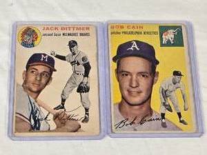 lot 97 image: Lot of 2 Vintage Topps Baseball Cards from 1954 Featuring Jack Dittmer and Bob Cain