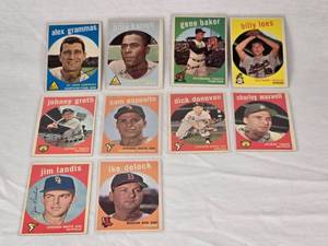 lot 98 image: Lot of 9 Vintage Baseball Cards From the Late 1950s Featuring Alex Grammas, Billy Harrell, Gene Baker, and Others - Includes Players from St. Louis Cardinals, Chicago White Sox, Detroit Tigers, and More