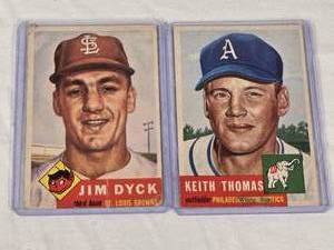 lot 115 image: Lot of 2 Vintage Baseball Cards Featuring Jim Dyck and Keith Thomas from 1953 Topps Series.
