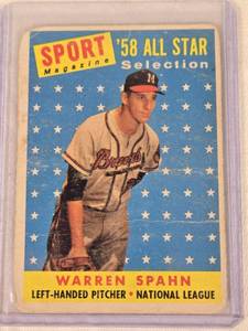 lot 123 image: Warren Spahn 1958 Topps #494 - Milwaukee Braves Vintage Baseball Card