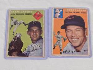 lot 133 image: Lot of 2 1954 Topps Featuring Clem Labine and Bobby Adams - Brooklyn Dodgers and Cincinnati Redlegs Vintage Baseball Cards
