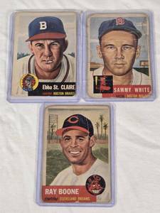 lot 147 image: Lot of 3 Vintage 1953 Topps Baseball Cards Featuring Sammy White, Ebba St. Claire, and Ray Boone.