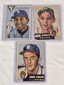 lot 162 image: Lot of 3 Vintage 1953 Topps Baseball Cards Featuring Gene Conley, John Logan, and Luis Aloma.
