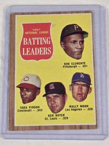 lot 174 image: 1961 National League Batting Leaders Bob Clemente, Vada Pinson, Ken Boyer, Wally Moon Vintage Baseball Card
