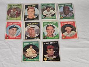 lot 192 image: Lot of 10 Vintage Baseball Cards from the Late 50s Featuring Roy McMillan, Gus Bell, Willie Kirkland, Valmy Thomas, Clint Courtney, Walt Dropo, Bob Skinner, Steve Boros, Steve Korcheck, and Dave Philley