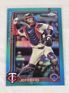 lot 194 image: Ryan Jeffers 2025 Topps Chrome Aqua Refractor #65 and Numbered 199299 - Minnesota Twins Baseball Card