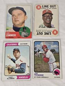 lot 211 image: Lot of 4 Vintage Baseball Cards from the 60s and 70s Featuring Joe Torre, Don Zimmer, and Sandy Alomar.