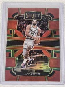 lot 233 image: Jayson Tatum 2023-24 Panini Select Red Prizm #45 and Numbered 16199 - Boston Celtics Basketball Card
