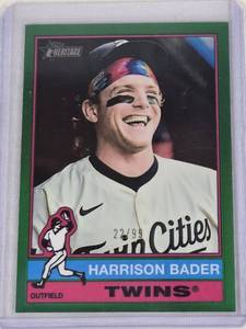lot 265 image: Harrison Bader 2025 Topps Heritage Green Refractor #707 and Numbered 2899 - Minnesota Twins Baseball Card