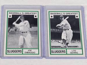 lot 302 image: Lot of 2 Baseballs Greatest Cards Featuring Joe DiMaggio and Lou Gehrig - New York Yankees Vintage Baseball Cards