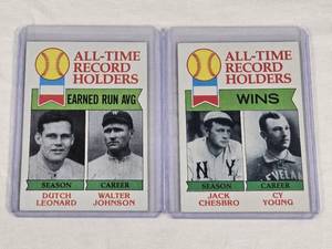 lot 307 image: Lot of 2 Baseball Cards Featuring Dutch Leonard, Walter Johnson, Jack Chesbro, and Cy Young - All-Time Record Holders with Earned Run Average and Wins Stats