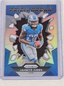 lot 318 image: Jahmyr Gibbs Rookie 2023 Panini Prizm Silver Holo Prizm Break #PB-5 - Detroit Lions Football Card