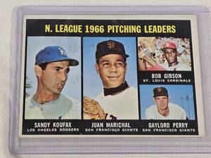 lot 343 image: Sandy Koufax, Juan Marichal, Bob Gibson, Gaylord Perry 1966 Pitching Leaders Topps #236 - Los Angeles Dodgers, San Francisco Giants, St. Louis Cardinals Vintage Baseball Card