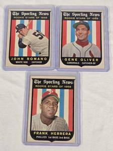 lot 356 image: Lot of 3 Vintage Baseball Cards Featuring Gene Oliver, Frank Herrera, and John Romano Rookie Stars of 1959 from The Sporting News Series