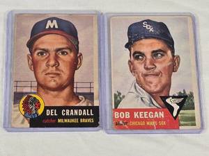 lot 391 image: Lot of 2 Baseball Cards Featuring Del Crandall and Bob Keegan - Milwaukee Braves and Chicago White Sox Vintage Baseball Cards