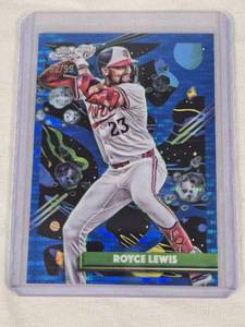 lot 396 image: Royce Lewis 2025 Topps Chrome Blue Refractor #19 and Numbered 6299 - Minnesota Twins Baseball Card