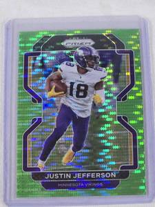 lot 402 image: Justin Jefferson 2021 Panini Prizm Green Pulsar #125 - Minnesota Vikings Football Card