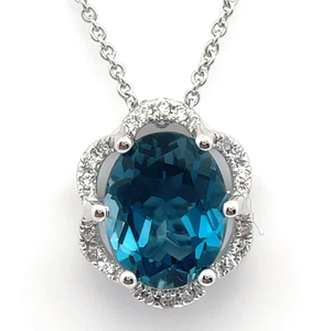lot 11 image: 3.25 Carat Natural London Blue Topaz & Pav Natural Diamond Lace Halo Necklace in 14k Gold Retail $1,995 VIDEO