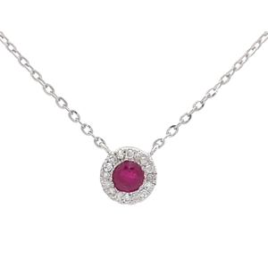 lot 15 image: Natural Ruby & Pav Natural Diamond Round Halo Necklace in 14k Gold Retail $995 VIDEO