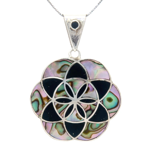 lot 37 image: PERUVIAN Artisan Abalone & Black Onyx Inlaid Flower Drop Pendant VIDEO