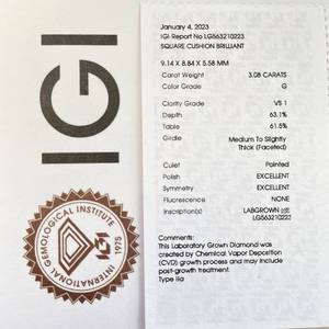 3.08 Carat Diamond Square Cushion Brilliant Solitaire Ring in 14k White Gold w/ Report *VIDEO*