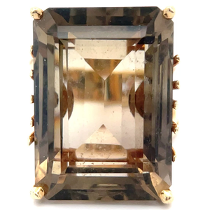 lot 13 image: Large 20 CARAT Emerald Cut Natural Smoky Quartz Solitaire Orbital Ring (16.20 Grams)  in 14k Yellow Gold VIDEO